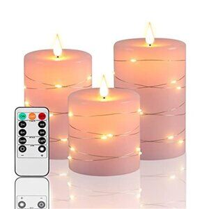 Pink Flameless Candles with String Lights Battery Operated Flickering LED Pillar